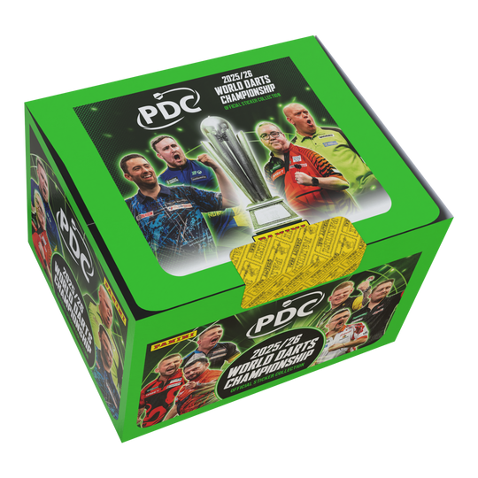 Panini PDC Campeonato Mundial de Dardos 2025/26 - Caja de cromos con 65 paquetes Zu sehen ist die Panini PDC World Darts Championship 2025/26 Stickerbox mit 65 Tüten. Die Stickerbox enthält viele Tüten zum Tauschen und Kleben.