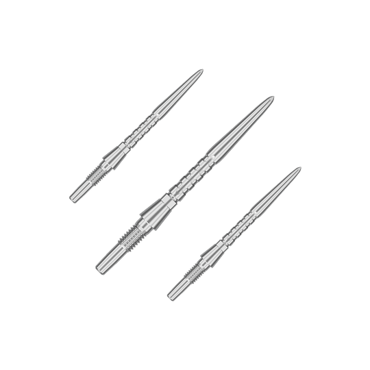 Puntas de dardos de acero Target Swiss Point Storm Surge - plateadas Auf dem Bild sind drei silberne Steeldartspitzen abgebildet. Sie sind schmal, metallisch und haben ein präzises, geriffeltes Design.