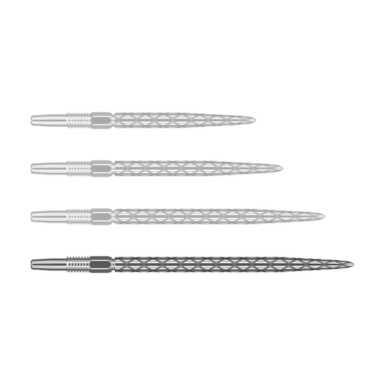 Puntas de dardos Target Swiss Diamond Pro Silver Points Auf dem Bild sind vier silberne Dartspitzen mit einem rautenförmigen Muster zu sehen. Sie liegen waagerecht und sind gleichmäßig angeordnet.