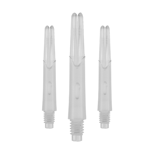 Auf dem Bild sind drei transparente, gerade Dartschäfte aus Kunststoff zu sehen. Sie haben ein Gewinde am unteren Ende und sind ohne Kappen abgebildet.