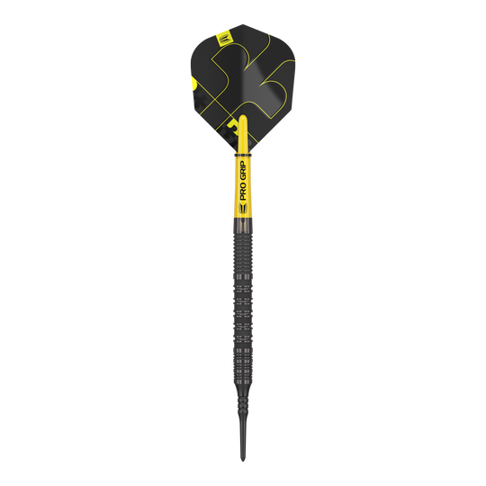 Dardos blandos Target Bolide Void 10 Das Bild zeigt einen Target Bolide Void 10 Softdartpfeil. Der Pfeil ist schwarz mit gelben Akzenten und hat einen Pro Grip Schaft.