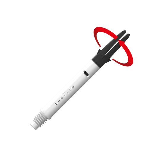 Dies ist ein weißer Carbon-Schaft für Dartpfeile der Marke L-Style. Der obere schwarze Teil kann sich drehen, wie durch den roten Pfeil angezeigt.