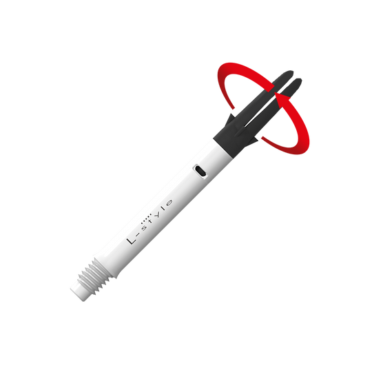 Flecha recta silenciosa de carbono estilo L - Blanca Dies ist ein weißer Carbon-Schaft für Dartpfeile der Marke L-Style. Der obere schwarze Teil kann sich drehen, wie durch den roten Pfeil angezeigt.