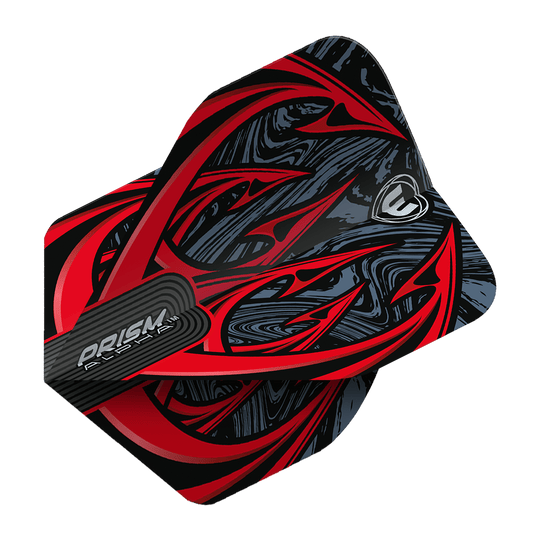 6915-195_Winmau_Prism_Alpha_Diablo_Standard_Flights_29OVmw7fLKfdjn Das Bild zeigt die Winmau Prism Alpha Diablo Standard Flights. Sie haben ein auffälliges Design in Schwarz, Rot und Grau mit abstrakten Mustern.