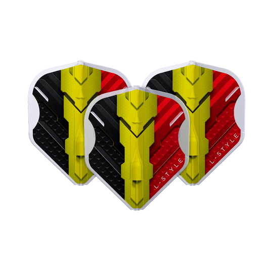 Das Bild zeigt drei Dart-Flights des Modells "L-Style V-Series V1 Type C Belgium Clear White L1EZ Flights". Die Flights sind in den Farben Schwarz, Gelb und Rot gestaltet und zeigen ein modernes Design.