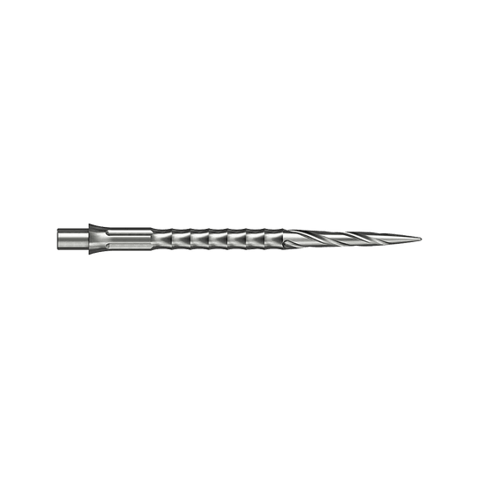 Puntas de dardos de acero Caliburn System - Spiro - NoLip - plateadas Zwei silberne Steeldartspitzen im Spiro NoLip Design sind zu sehen. Sie sind 36 mm lang und liegen nebeneinander.