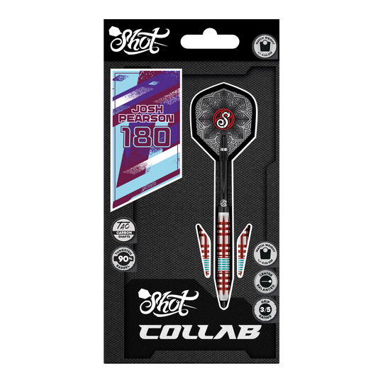 Dardos de acero Shot Collab Pro Series Josh Pearson - 23 g Auf dem Foto sind die Shot Collab Pro Series Josh Pearson Steeldarts - 23g zu sehen. Sie eignen sich ideal für professionelle Dartspieler.