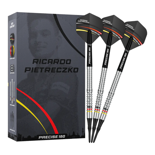 Dardos blandos Precise 180 Ricardo Pietreczko GEN1 Gezeigt werden die Precise 180 Ricardo Pietreczko GEN1 Softdarts. Diese Softdarts zeichnen sich durch ihre Präzision aus.