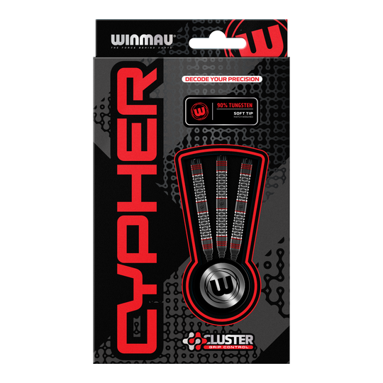 Dardos blandos Winmau Cypher - 20 g Die Abbildung zeigt die Verpackung der Winmau Cypher Softdarts mit 20 Gramm Gewicht. Die Darts bestehen zu 90% aus Wolfram und verfügen über spezielle Griffkontrolle.