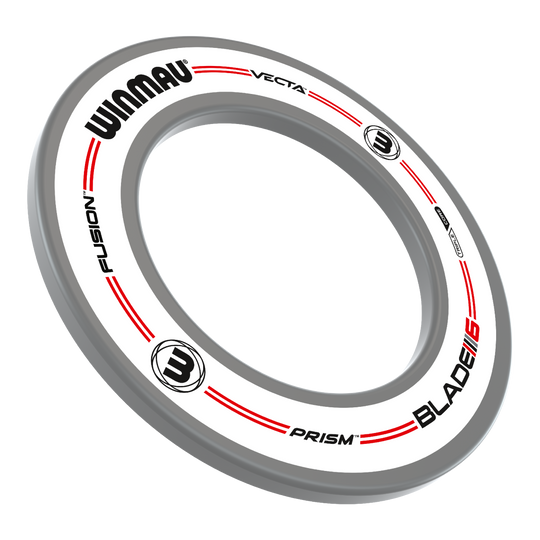 Das Bild zeigt den Winmau Plasma Ice LED Beleuchtungs- und Surround-Bundle. Es handelt sich um einen runden LED-Ring mit weißem und grauem Design sowie Markierungen und Logos.