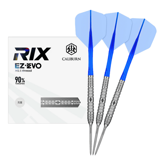Dardos de acero Caliburn Rix EZ-EVO R4 Das Foto zeigt die Caliburn Rix EZ-EVO R4 Steeldarts in voller Ansicht. Die Darts sind modern gestaltet und für professionelle Spieler geeignet.