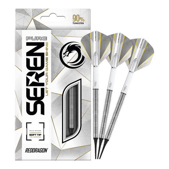Dardos blandos Red Dragon Seren 1 Pure - 20 g Die Abbildung zeigt die "Red Dragon Seren 1 Pure Softdarts - 20g" mit drei silbernen Softdarts. Die Verpackung hebt hervor, dass die Darts zu 90 % aus Tungsten bestehen.
