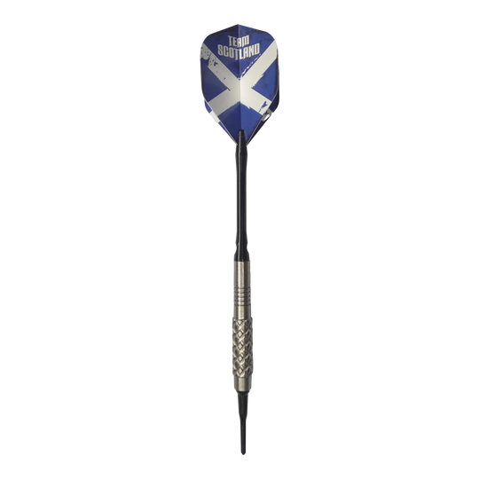 Dardos blandos McDart 85 Tungsten V4 - 16 g Der abgebildete Softdart ist der "McDart 85er Tungsten V4 Softdarts - 16g". Das Flight zeigt das Design der schottischen Flagge mit der Aufschrift "Team Scotland".