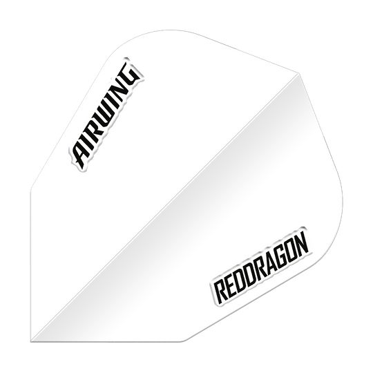 Das Bild zeigt das Produkt "Red Dragon Airwing White V-Standard Flights". Es handelt sich um einen weißen Dartflight mit den Aufdrucken "AIRWING" und "REDDRAGON".