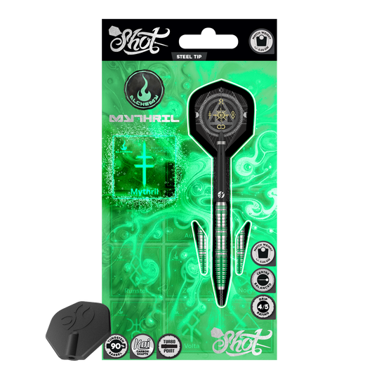 Shot Alchemy Mythril Turbo Point Steeldarts Das Bild zeigt ein Set Shot Alchemy Mythril TurboPoints Steeldarts. Die Darts haben eine strukturierte Oberfläche.