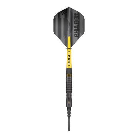 Dardos Target Scott Williams Shaggy negros suaves - 20 g Dies ist ein Softdart namens "Target Scott Williams Shaggy Black Softdarts - 20g". Der Dart ist überwiegend schwarz mit gelben Akzenten und hat den Schriftzug "SHAGGY" auf der Flight.