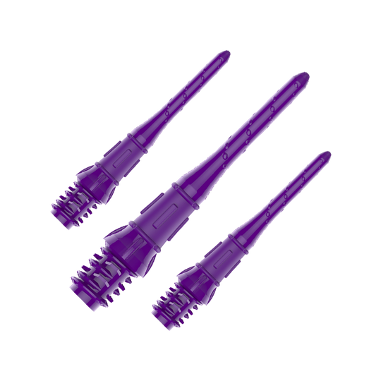 Premium Lippoints (paquete de 30) - Consejos Auf dem Bild sind drei lila Dartspitzen zu sehen. Sie sind aus Kunststoff und haben ein Schraubgewinde am Ende.
