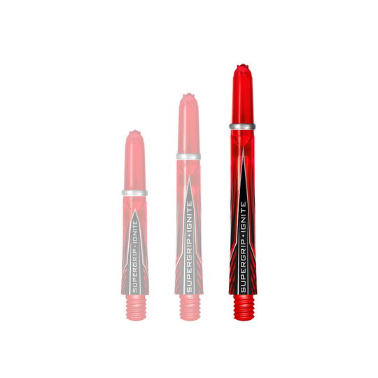 HR385_Harrows_Supergrip_Ignite_Shafts_Rot_47mm_1 Das Bild zeigt drei rote Harrows Supergrip Ignite Shafts in unterschiedlichen Längen. Sie haben silberne Ringe und ein schwarzes Design mit der Aufschrift "SUPERGRIP IGNITE".