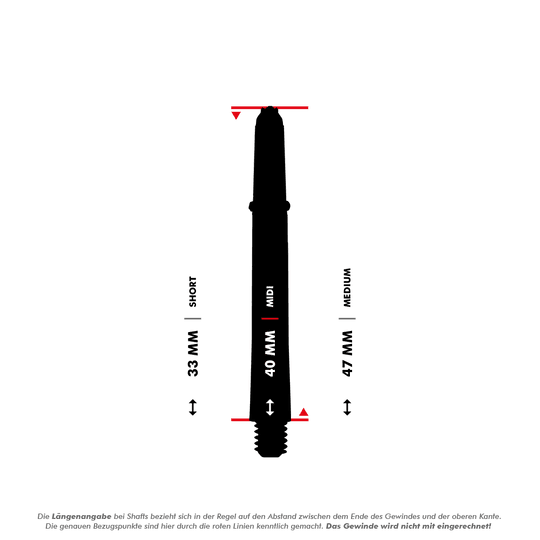 HR327_Harrows_Supergrip_Fusion_Shafts_5_40mmHNCZSXkhiksxo Das Bild zeigt eine Maßgrafik für die Harrows Supergrip Fusion Shafts in Grün. Es werden die drei Längen Short (33 mm), Midi (40 mm) und Medium (47 mm) dargestellt.