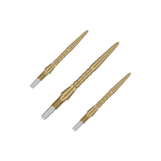 Puntas de dardos de acero Target Swiss Point Storm Surge - doradas Auf dem Bild sind drei goldene Steeldartspitzen zu sehen. Sie haben ein schlankes, geriffeltes Design mit einem silbernen Schraubgewinde am Ende.