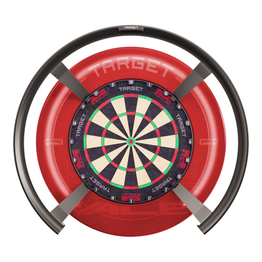 Sistema de puntuación automática Target OMNI Das Bild zeigt das Produkt "Target OMNI Auto-Scoring-System", ein innovatives elektronisches System für Dartspiele. Es besteht aus einem Dartboard mit einem kreisförmigen automatischen Punktesystem und einer markanten roten Umrandung.