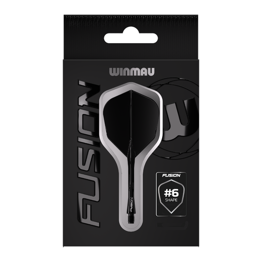 Sistema de eje de vuelo Winmau Fusion n.° 6 negro Das Bild zeigt eine Verpackung des Winmau Fusion Flight Shaft Systems in Schwarz. Auf der Verpackung steht, dass es sich um die Form Nummer 6 handelt.