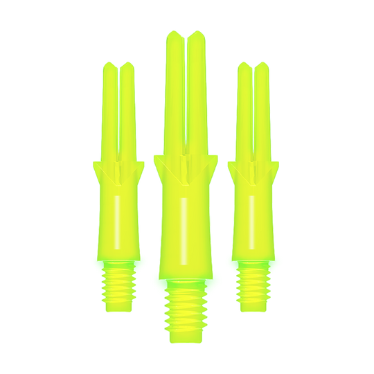 Ejes en L estilo L bloqueados rectos - Amarillo neón Das Bild zeigt drei neon-gelbe, gerade Dart-Schäfte mit Gewinde. Sie sind unterschiedlich lang und stehen nebeneinander aufrecht.