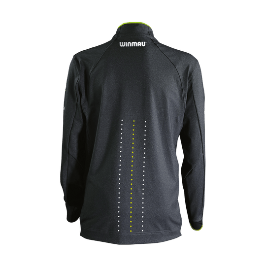 8409_Winmau_Michael_Van_Gerwen_Alpine_Top_Longsleeve_2_NEU Das Bild zeigt das Winmau Michael Van Gerwen Alpine Dart Top Longsleeve von hinten. Das Oberteil ist schwarz mit weißen und grünen Punktlinien sowie dem "Winmau"-Logo am oberen Rücken.