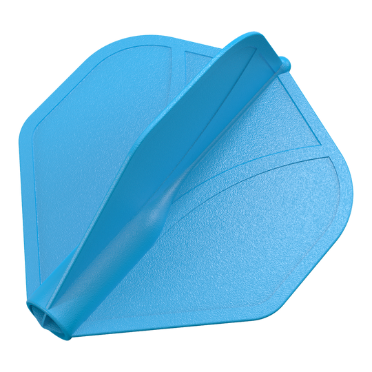 Perfil aerodinámico moldeado No2 Vuelos estándar Das Bild zeigt ein blaues Dartflügel-Set mit strukturierter Oberfläche. Die Flügel sind in einer aerodynamischen Form modelliert.