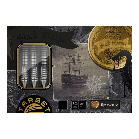 Dardos de acero Target Black Marque Renegade 4 Swiss Point Auf dem Bild sind die "Target Black Marque Renegade 4 Swiss Point Steeldarts" zu sehen. Die Verpackung zeigt drei Darts, ein Schiff und eine goldene Münze mit dem Schriftzug "Black Marque".