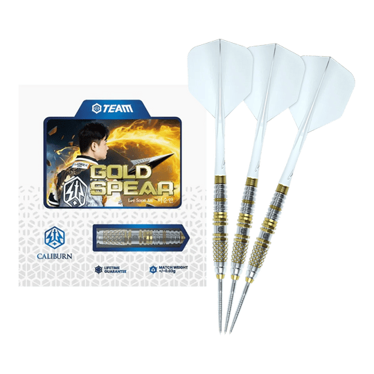 Dardos Caliburn Players Lee Soon An Gold Spear Steeldarts - 23 g Hier sieht man die Caliburn Players Darts Lee Soon An Gold Spear Steeldarts mit 23 Gramm. Die Steeldarts sind für Präzision und Kontrolle beim Spiel entwickelt.