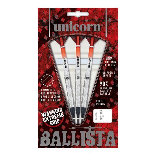 Dardos blandos Unicorn Ballista Style 1 Das Bild zeigt die Verpackung der "Unicorn Ballista Style 1 Softdarts". In der Packung befinden sich drei Softdarts mit weiß-roten Flights und silbernen Griffen.