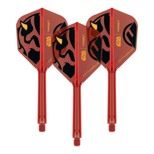 Abgebildet ist ein Produkt mit dem Namen 410522_Target_StarWars_KFlex_DarthMaul_No6_Flights_Medium_33mm_1Set. Das Bild zeigt vermutlich Dart-Flights mit Star Wars Darth Maul Motiv.