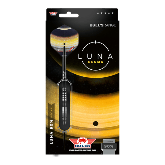 Dardos de acero Bulls NL Luna Neoma Das Bild zeigt die Verpackung der Steeldarts "Bulls NL Luna Neoma". Die Verpackung ist in dunklen Farben mit gelben Akzenten gestaltet und hebt das Produkt sowie das Logo von Bulls hervor.