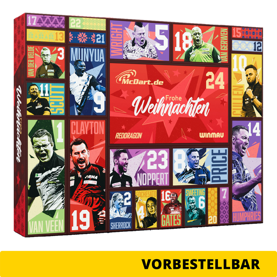 Calendario de Adviento de Dardos de Acero McDart 2026 Zu sehen ist der McDart Steel-Darts Adventskalender 2026. Der Kalender bietet Überraschungen für Steeldart-Spieler.