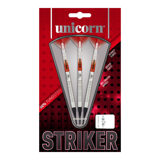 Dardos blandos Unicorn Core XL Striker Style 1 - 19 g Das Bild zeigt eine Packung der "Unicorn Core XL Striker Style 1 Softdarts - 19g". In der Verpackung befinden sich drei silberfarbene Softdarts mit roten und weißen Details.
