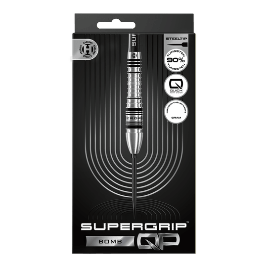 Dardos de acero Harrows Supergrip Bomb Quick Point Gezeigt werden die Harrows Supergrip Bomb Quick Point Steeldarts. Das Produkt bietet hohe Kontrolle und Stabilität beim Wurf.
