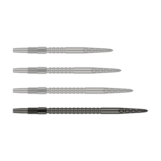 Puntas de dardos Target Swiss DS Surge Point - Negras Das Bild zeigt vier schwarze Dartspitzen, die nebeneinander ausgerichtet sind. Jede Spitze hat ein geriffeltes und gemustertes Design entlang des Schafts.