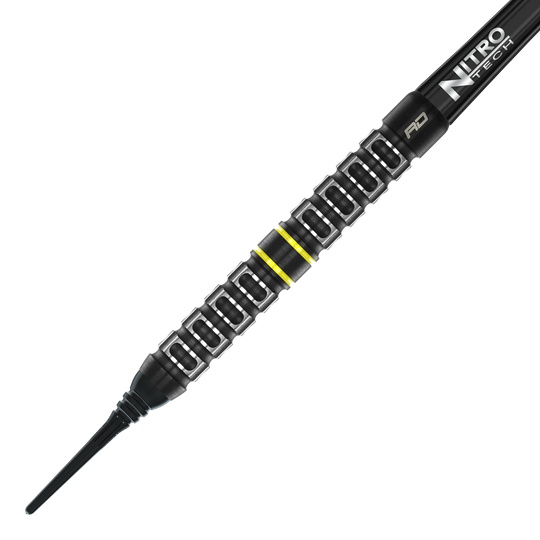 Dardos blandos paralelos Red Dragon Astraeus Q4X - 20 g Dies ist ein Red Dragon Astraeus Q4X Parallel Softdart mit einem Gewicht von 20g. Der Dart hat ein schwarzes Design mit gelben Akzenten und einer markanten Griffstruktur.
