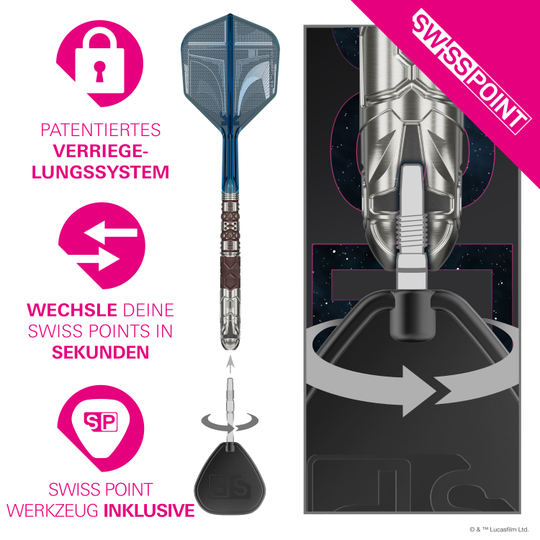 Dardos Target Star Wars Mandalorian 95 Swiss Point de acero Das Bild zeigt die Target Star Wars Mandalorian 95 Swiss Point Steeldarts. Es handelt sich um hochwertige Steeldarts mit einem Mandalorian-Design.
