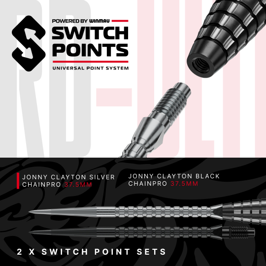 Dardos de acero Red Dragon Jonny Clayton RD-ULTRA Switch Point - 22 g Die Abbildung zeigt die Red Dragon Jonny Clayton RD-ULTRA Switch Point Steeldarts mit 22 Gramm. Die Darts liegen nebeneinander und sind gut sichtbar.