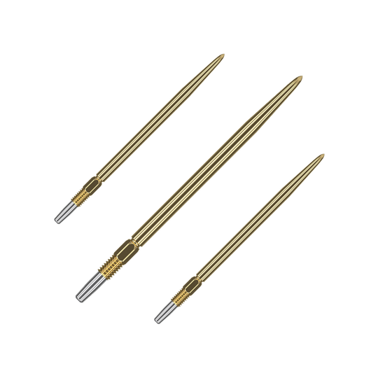 Puntas de dardos Target Swiss Point Gold Auf dem Bild sind drei goldene Dartspitzen zu sehen. Sie haben ein geriffeltes silbernes Endstück zur Befestigung.
