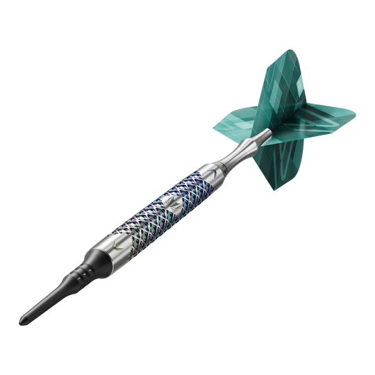 Dardos blandos Target Rove 10 Das Bild zeigt einen einzelnen Target Rove 10 Softdart. Der Dart hat ein silbernes, gemustertes Barrel und grüne Flights.