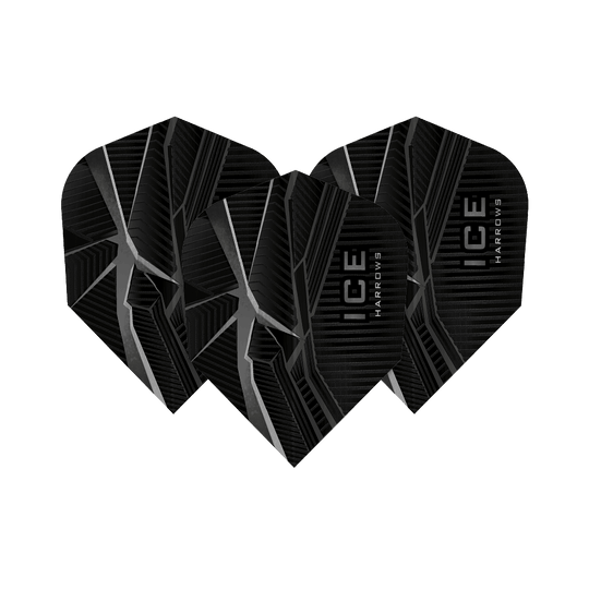 Das Bild zeigt drei schwarze Dart-Flights mit silbernen, eisähnlichen Mustern. Auf den Flights steht der Produktname "HARROWS ICE".