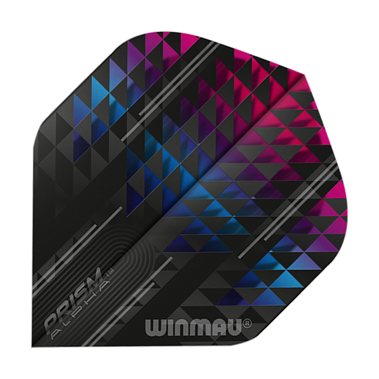 6915-115_Winmua_Prism_Alpha_6915-115_Standard_Flights_1 Das Bild zeigt ein Winmau Prism Alpha 6915.115 Standard Flight für Dartpfeile. Das Flight ist mit einem modernen, geometrischen Muster in Schwarz, Blau und Pink gestaltet.