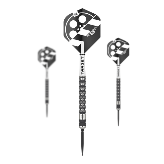 Dardos de acero Target Chris Dobey Hollywood Action Swiss Point Das Bild zeigt drei Steeldarts des Modells „Target Chris Dobey Hollywood Action Swiss Point“. Die Flights der Darts sind schwarz-weiß gestaltet und mit einem Filmklappen-Motiv bedruckt.