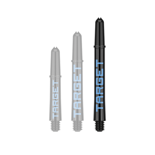 Varillas Target Pro Grip TAG - 3 juegos - Negro y azul Auf dem Bild sind drei schwarze Dart-Schäfte in verschiedenen Längen zu sehen. Auf jedem Schaft steht das Wort "TARGET" in blauer Schrift.