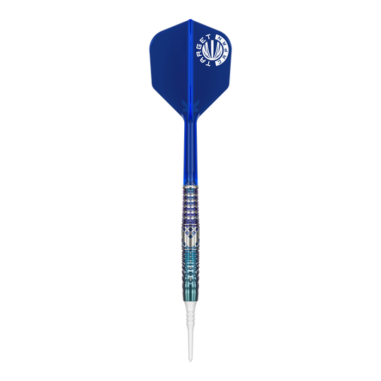 Dardos blandos Target Japan Cathy Leung Charis GEN5 - 19 g Das Bild zeigt einen Softdart mit einem blauen Flight und silber-blau gemustertem Griff. Es handelt sich um das Produkt "Target Japan Cathy Leung Charis GEN5 Softdarts - 19g".