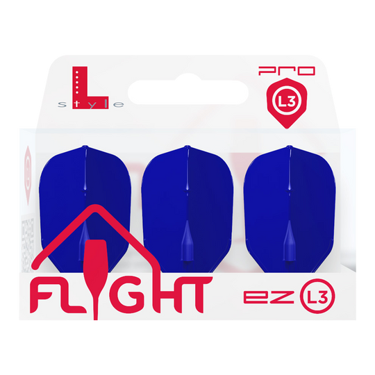 Vuelos L-L-Style3EZ Die Verpackung zeigt drei blaue Dart-Flights der Marke L-Style. Auf der Packung steht "FLIGHT ez L3" in roten Buchstaben.