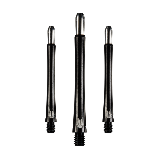 Auf dem Bild sind drei schwarze Aluminium-Dartschäfte in unterschiedlicher Länge zu sehen. Sie haben ein silbernes Oberteil und ein Gewinde am unteren Ende.
